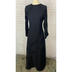 Vintage Black Bias Cut Floral Beaded Gown Dress Medium Large